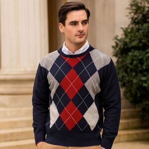 Club Room Lambswool Argyle Sweater Mens Sz L VTG Navy Crewneck Ivy League Preppy